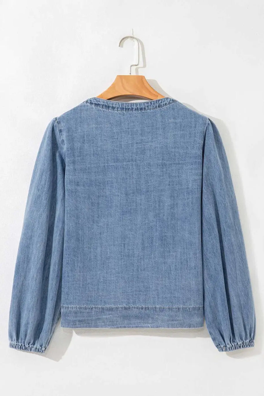 Blue ties puff denim top blouses