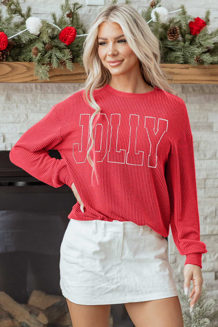 Evergreen Twisted Rib Outlined Merry Letter Graphic Loose Long Sleeve Top