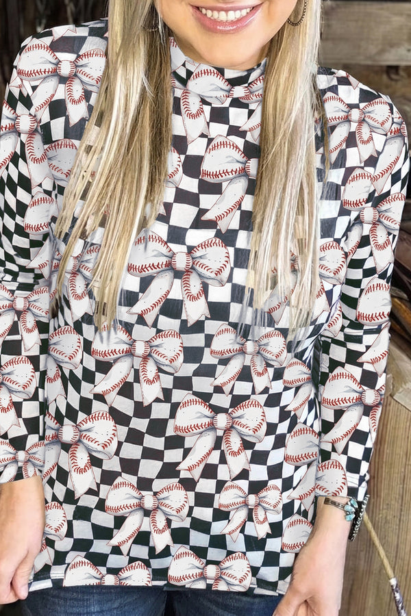 Plaid Baseball Bow Mesh Long Sleeve Top — side view showing high neck and long sleeve construction — Fashionfitz