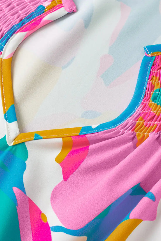 Multi colour flutter sleeve blouse - abstract print notched neck