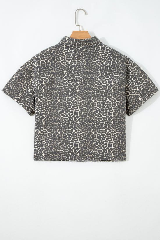 Gray Leopard Short Sleeve Denim Shirt