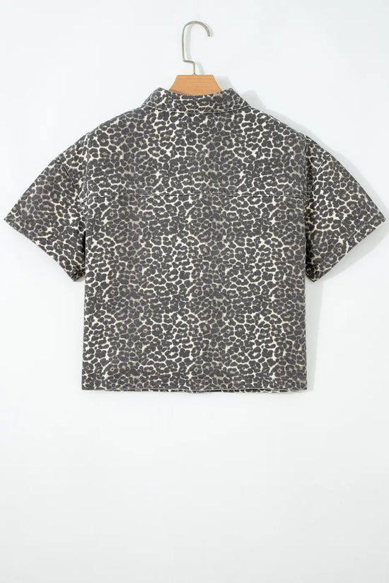 Gray Leopard Short Sleeve Denim Shirt