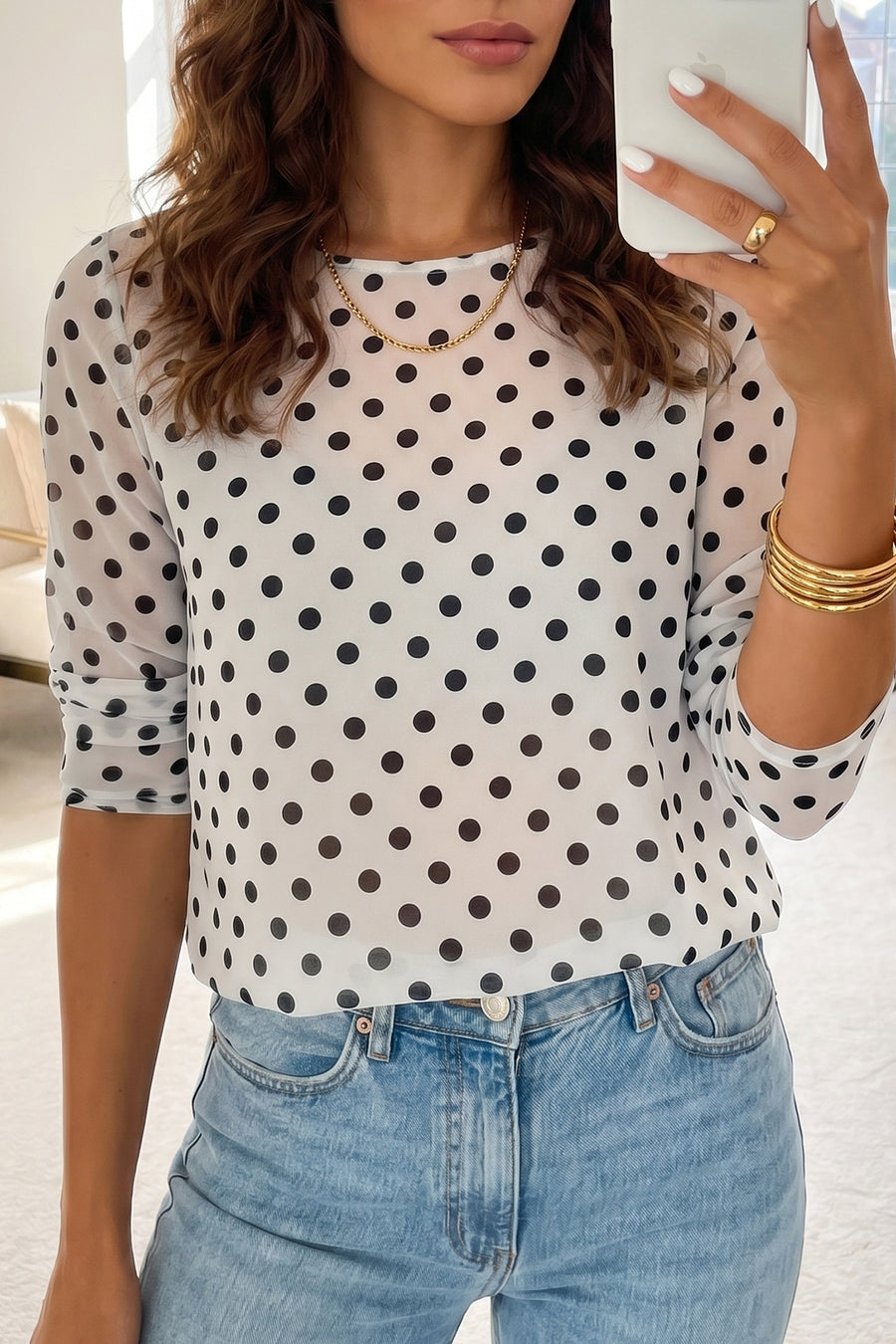 Polka dot sheer mesh long sleeve round neck top women UK | Fashionfitz