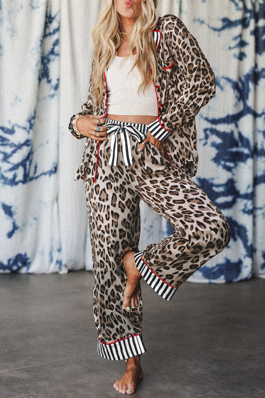 Women’s khaki leopard print colorblock lounge set — long‑sleeve relaxed top with wide‑leg pants in soft viscose, casual home and sleepwear style.
