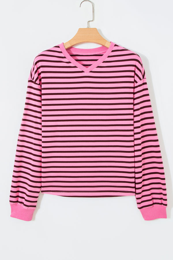 Pink Stripe V-Neck Drop Shoulder Long Sleeve Top Women UK
