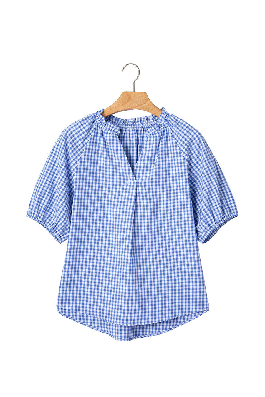 Summer Plaid V-Neck Puff Sleeve Blouse Women UK