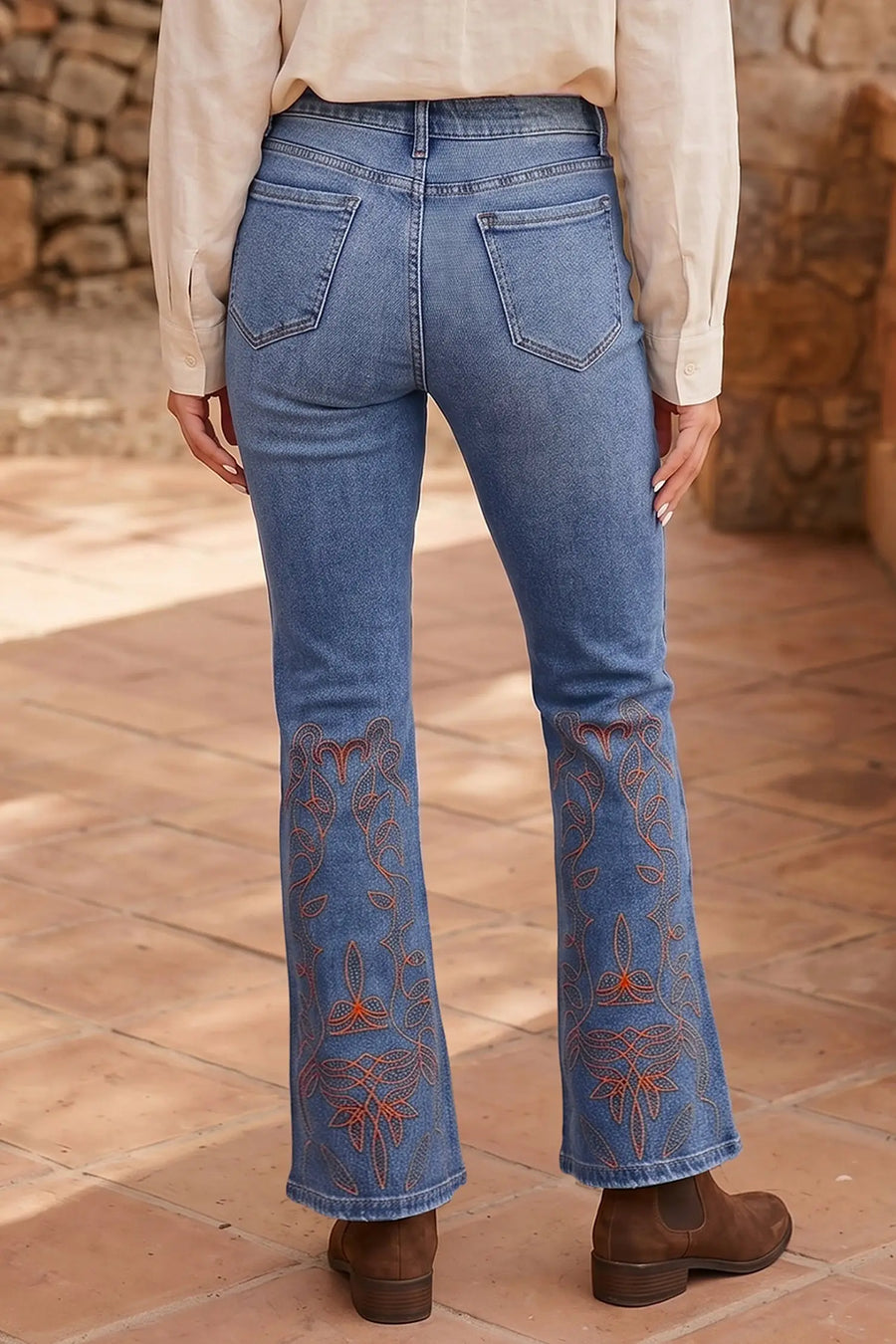 Embroidered flare leg jeans back view — Fashionfitz UK