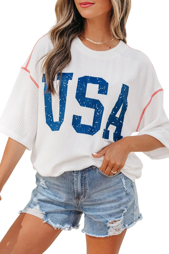 Usa graphic ribbed half sleeve loose top round neck tunic length tunics