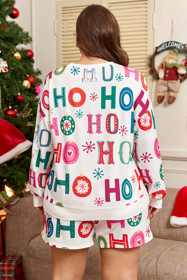 Plus Size Ho Ho Ho Print Long Sleeve Lounge Short Set Women UK