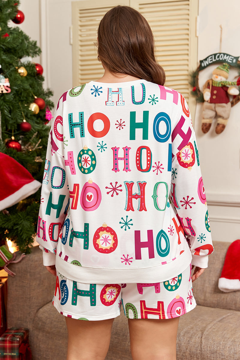 Plus Size Ho Ho Ho Print Long Sleeve Lounge Short Set Women UK