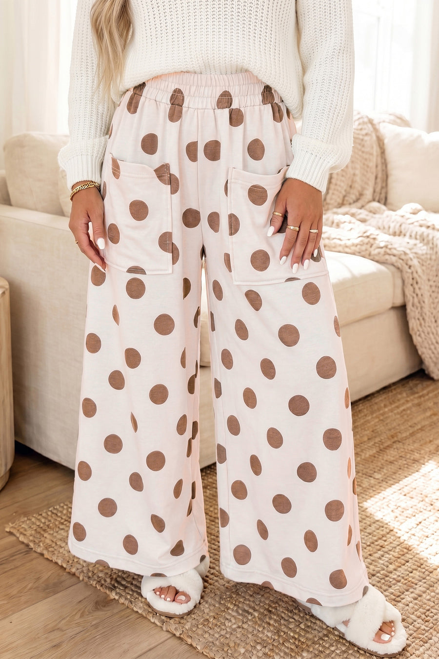 Brown Polka Dot Wide Leg Elastic Waist Casual Pants Women UK