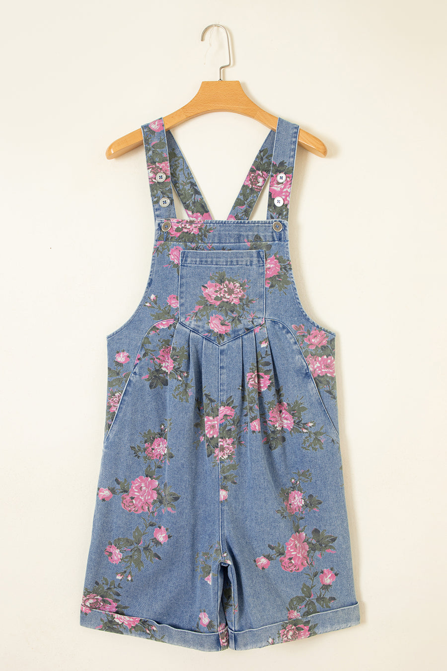 Floral Print Denim Shortalls Adjustable Straps Pockets Relaxed Fit