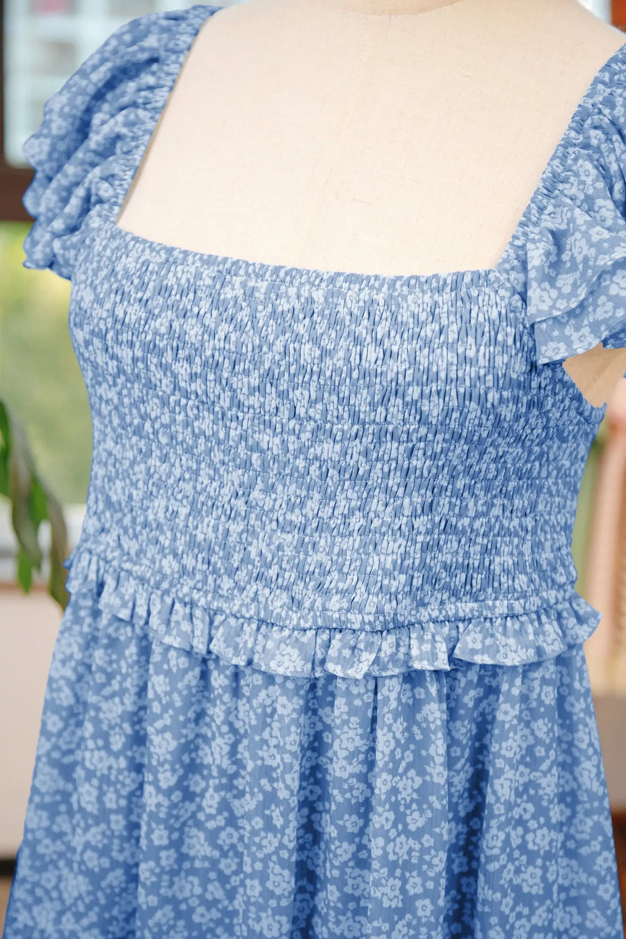 Sky Blue Floral Square Neck Smocked Tiered Mini Dress Women UK — close-up detail