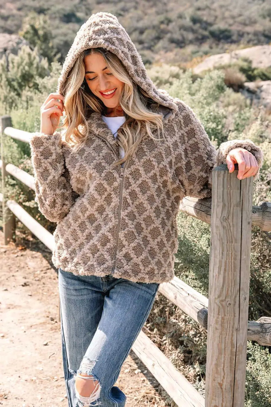 Camel sherpa fleece quilted hooded zip up jacket