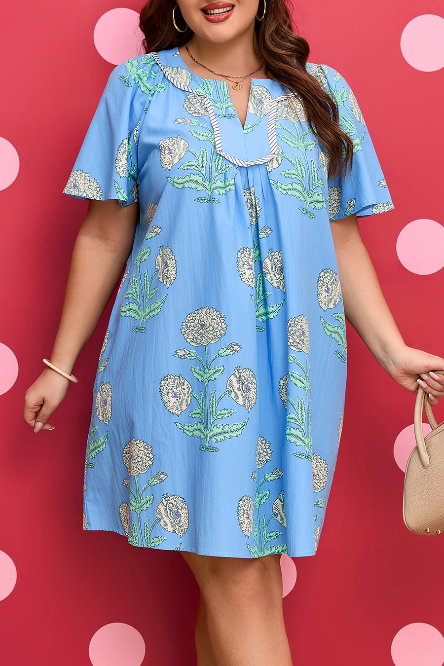 Sky Blue Plus Size Periwinkle Floral Split Neck Mini Dress Women UK — close-up detail