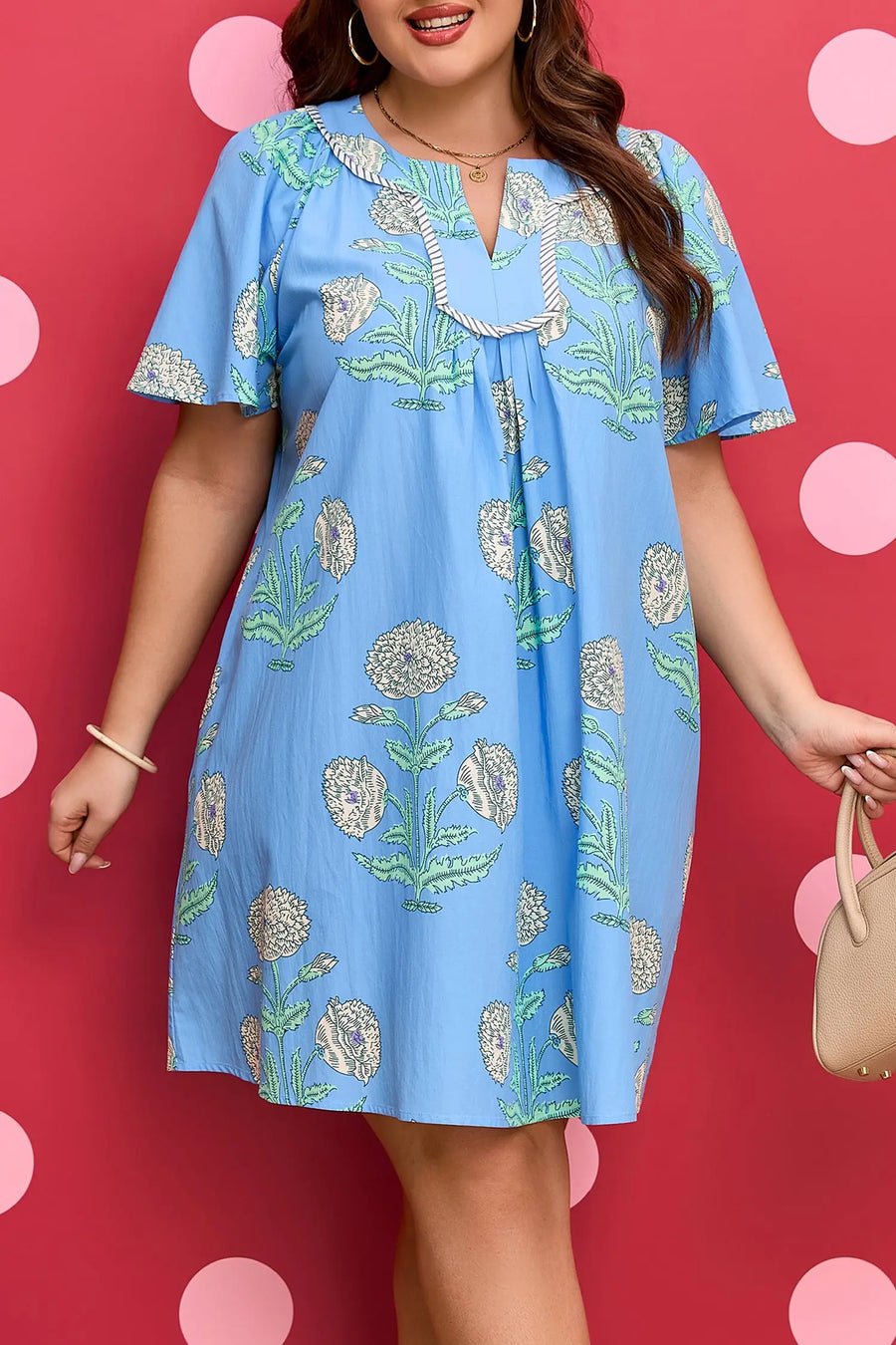 Sky Blue Plus Size Periwinkle Floral Split Neck Mini Dress Women UK — close-up detail