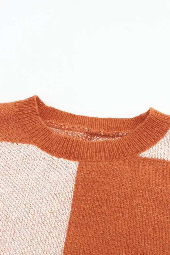 Brown checkered floral print striped sleeve sweater