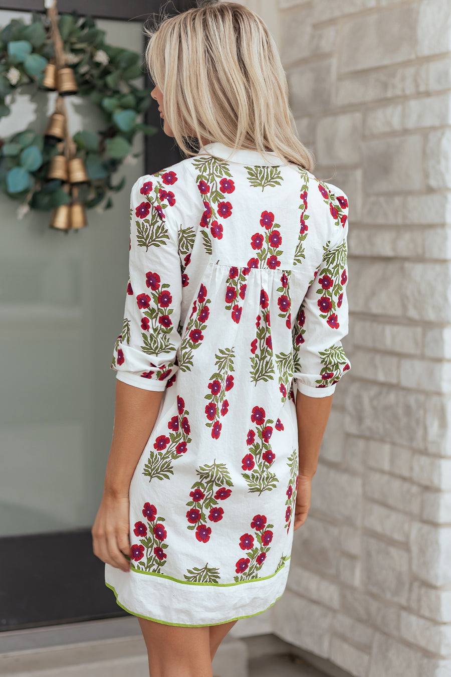 White Floral Frilled V Neck 3/4 Sleeve Loose Dress Women UK — side detail