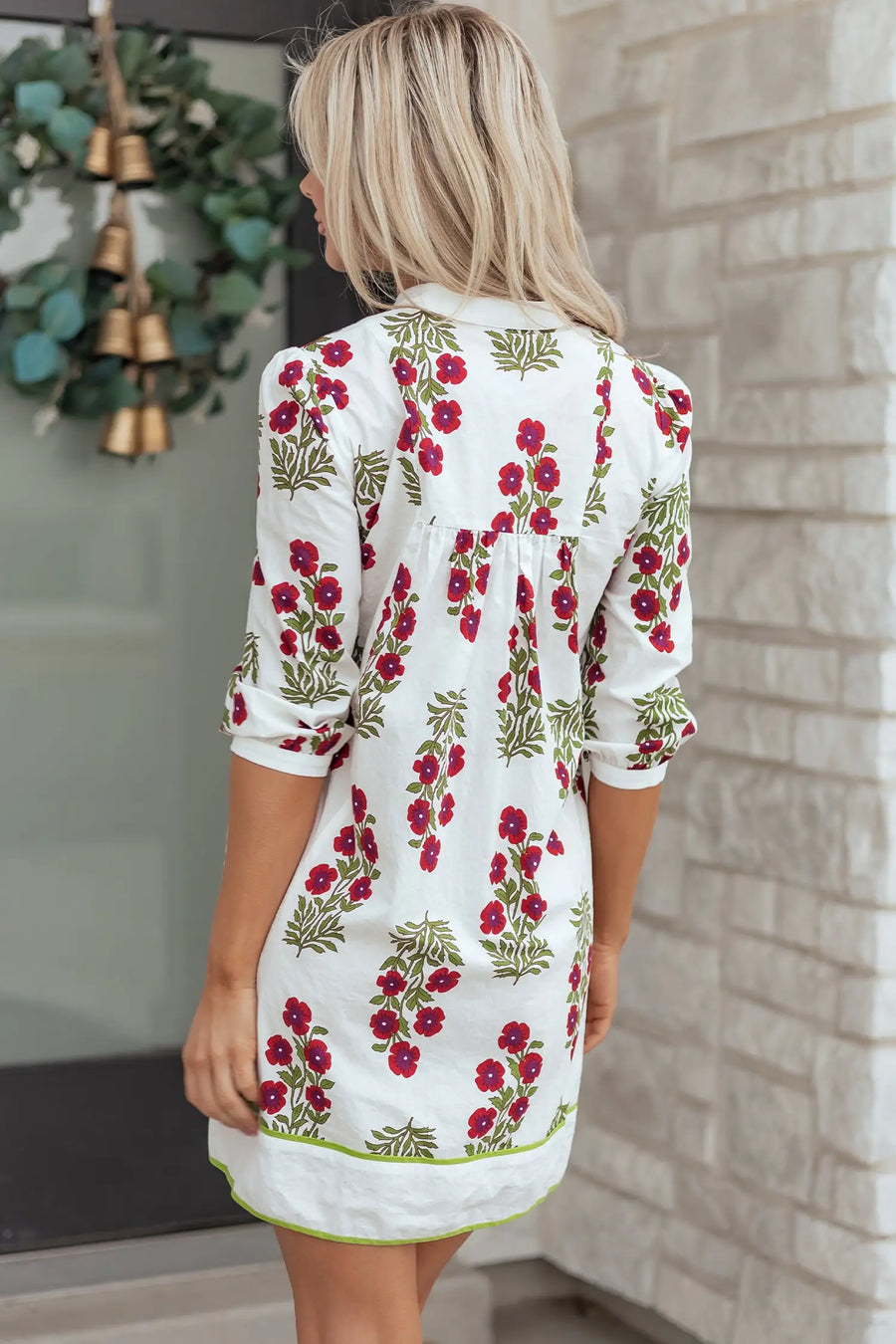 White Floral Frilled V Neck 3/4 Sleeve Loose Dress Women UK — side detail