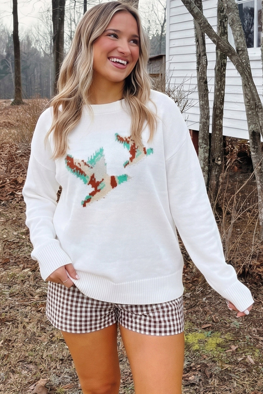 Mallard Print Drop Shoulder Pullover Sweater Women UK