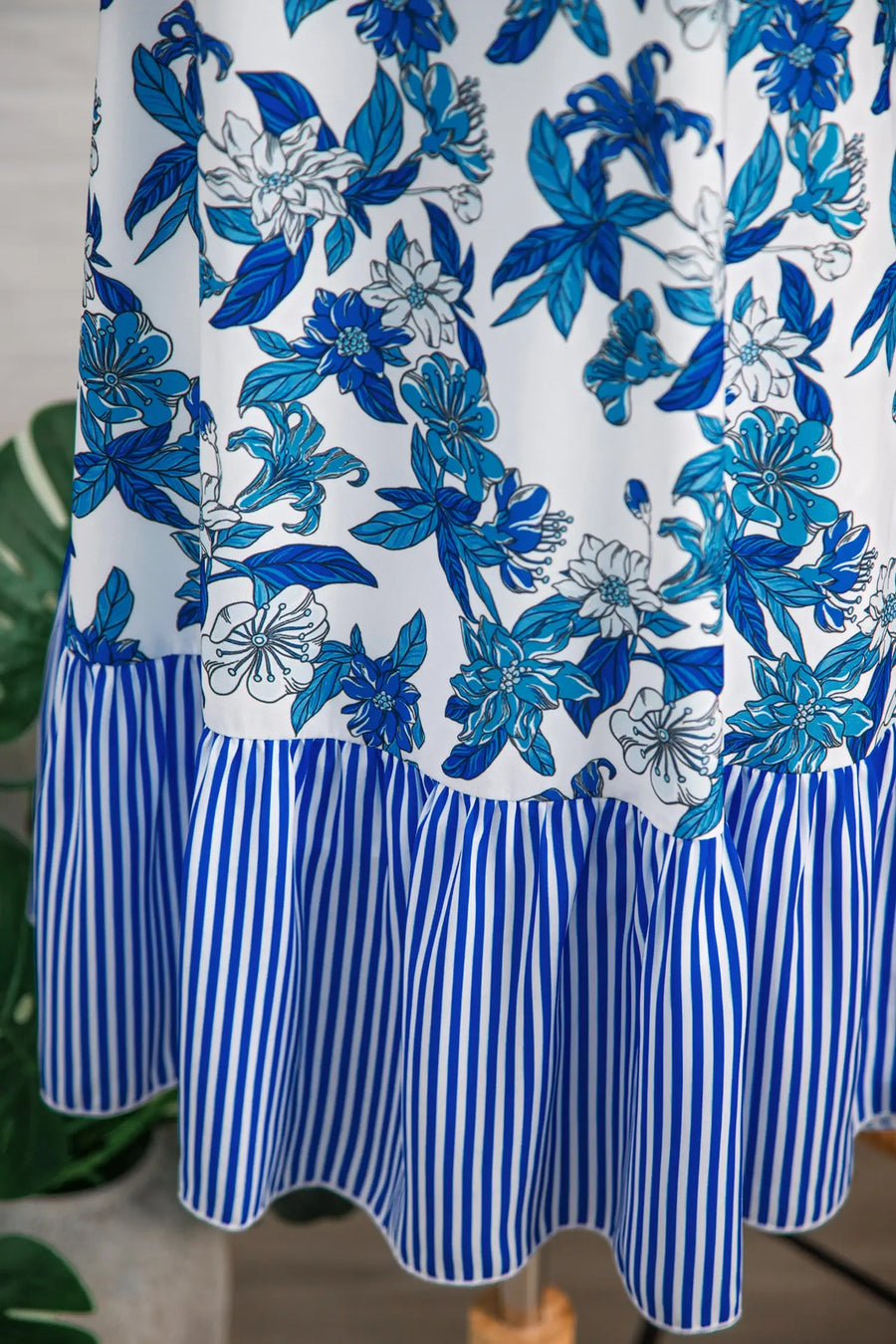 Sky Blue Floral U Neck Sleeveless Striped Ruffle Hem Dress Women UK — close-up detail