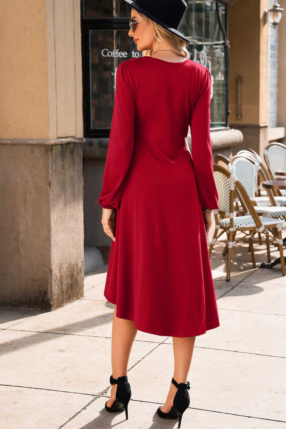 Back view of the Red Long Sleeve Drape Midi Dress showing its elegant flow and relaxed fit, ideal for autumn outings.