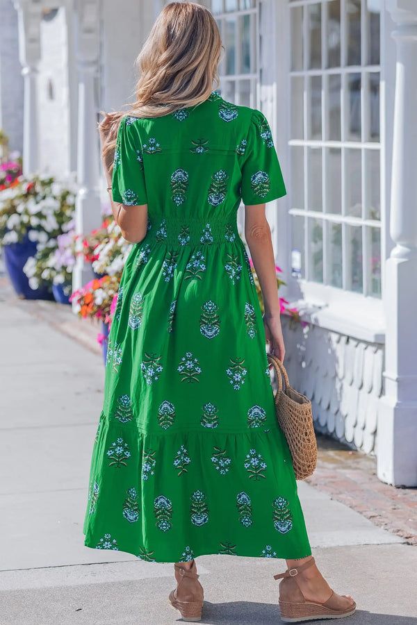 Green Floral Shirred Split Neck Ruffle Hem Maxi Dress Women UK — back view