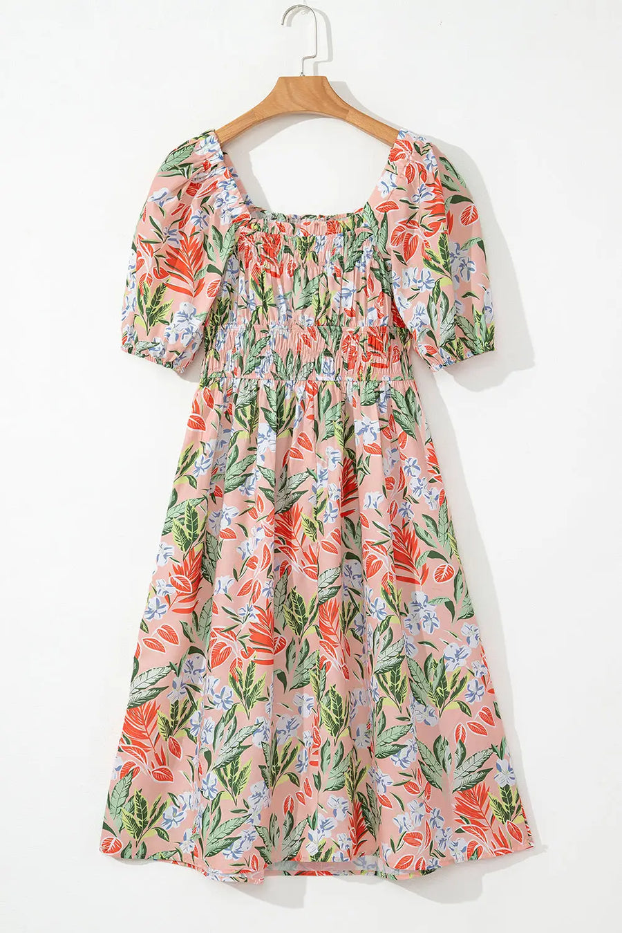 Apricot Pink Floral Smocked Bust Bubble Sleeve Maxi Dress Women UK