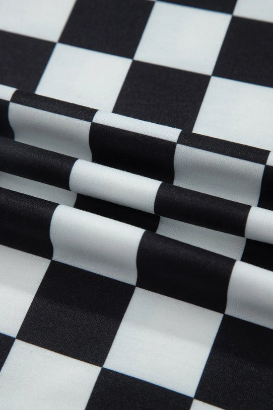 Checkered colour block trim mock neck short set outfit sets