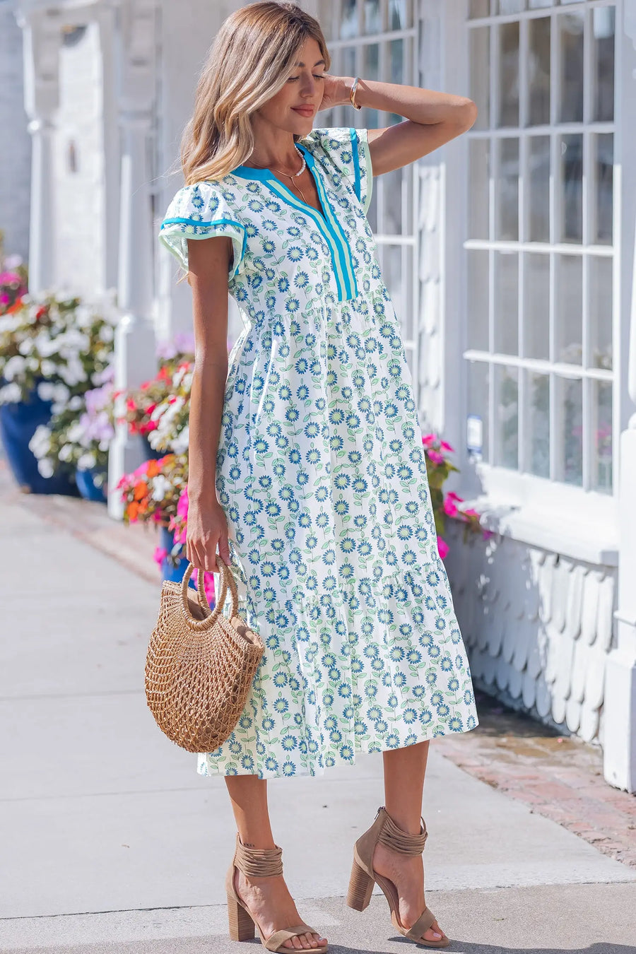 Sky Blue Sunflower Print Flutter Sleeve Maxi Dress Women UK