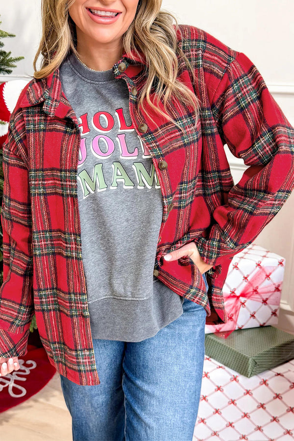 Red plaid button front shacket women UK front view open styled