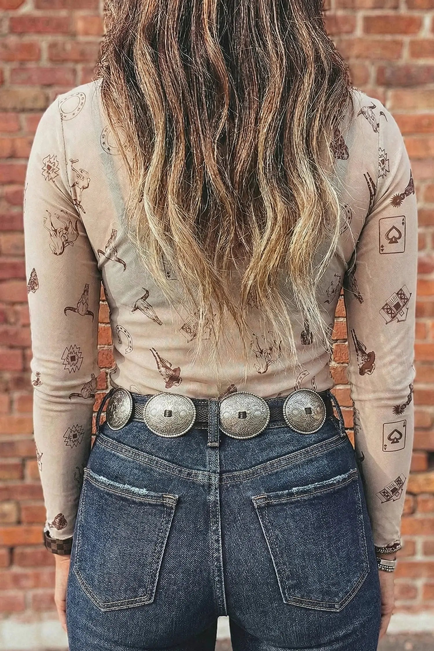 Oatmeal western print slim mesh mock neck top