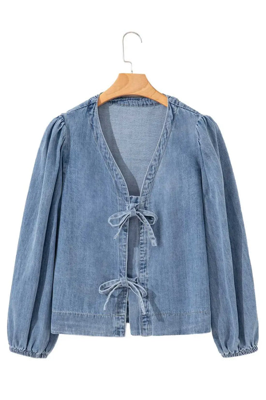 Blue ties puff denim top blouses