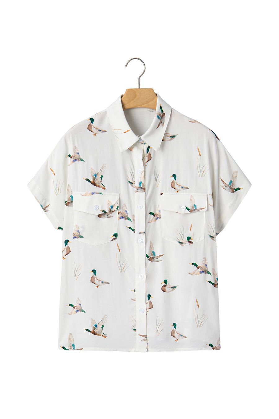 White Mallard Print Button Pocket Short Sleeve Shirt