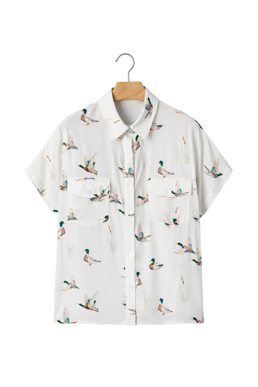 White Mallard Print Button Pocket Short Sleeve Shirt