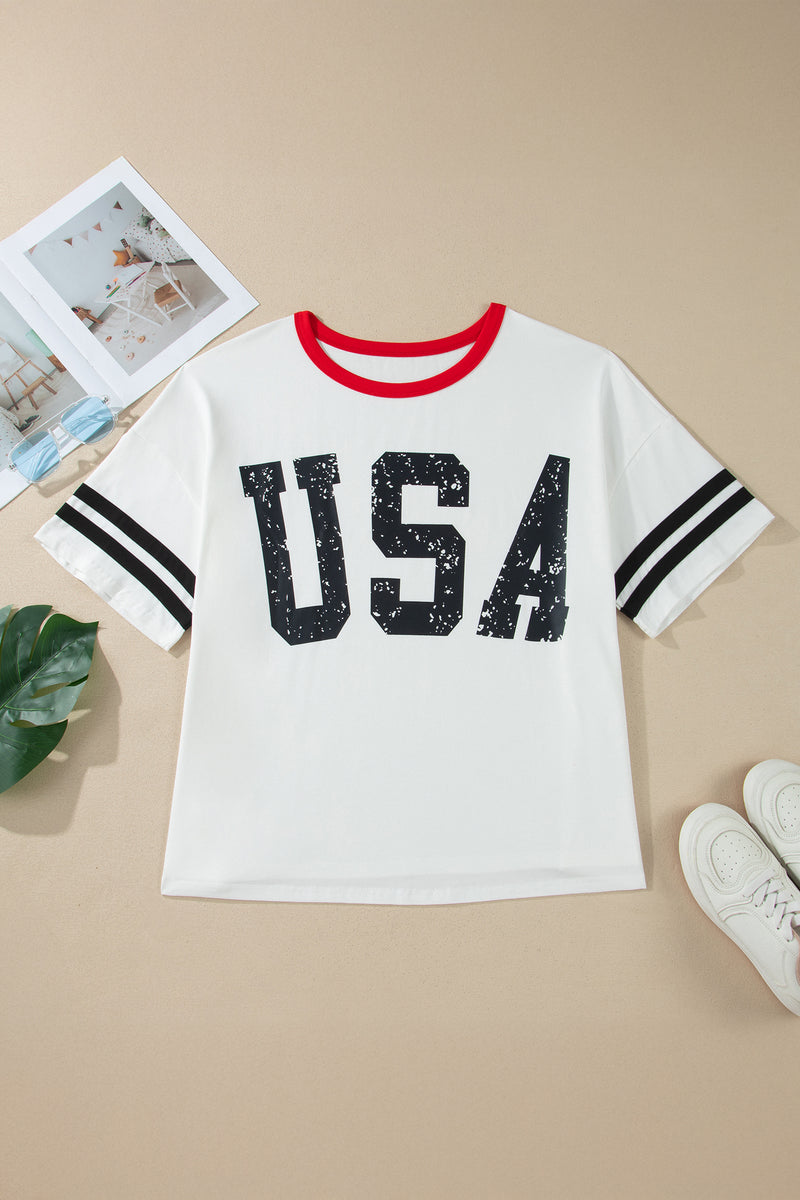 White plus size tee with retro stripe trim - back view