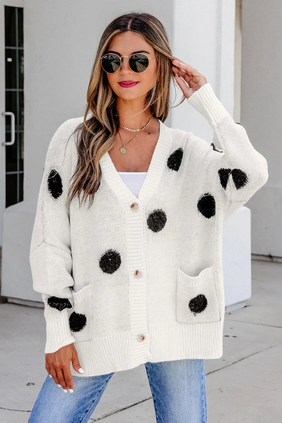Polka Dot Button Front Oversized V-Neck Cardigan
