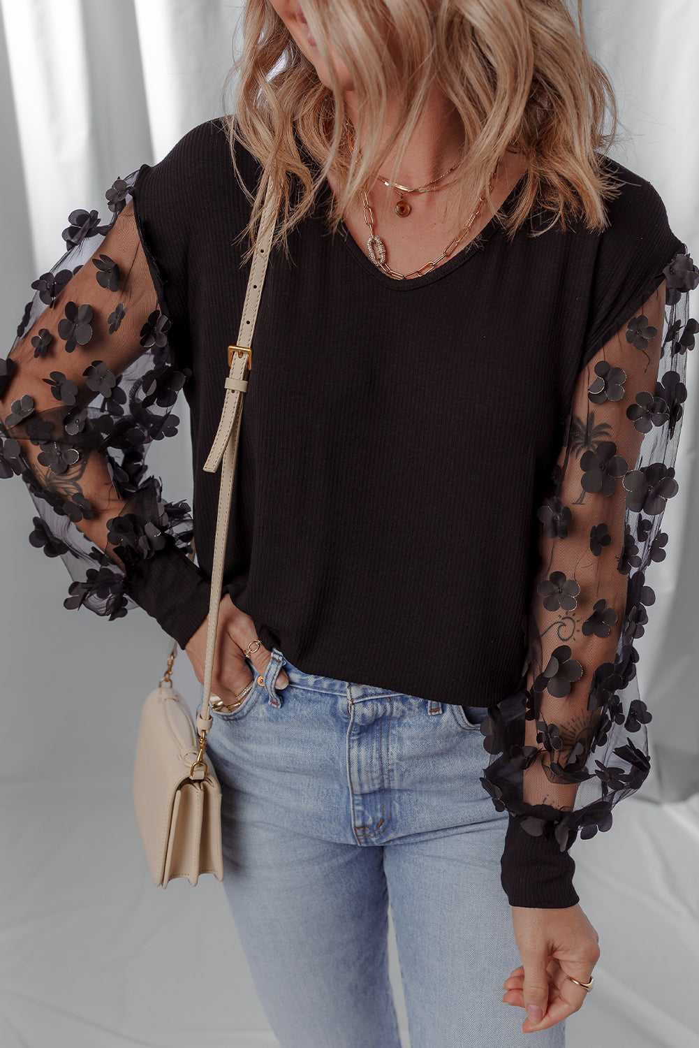 Flower Applique Mesh Blouse