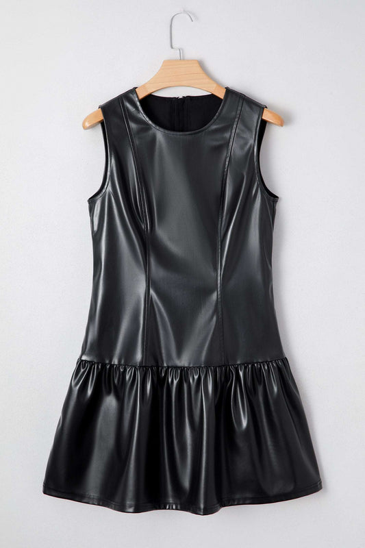 Ladies Black Faux Leather Mini Dress | FashionFitz displayed on hanger showing structured bodice and ruffled mini skirt design.