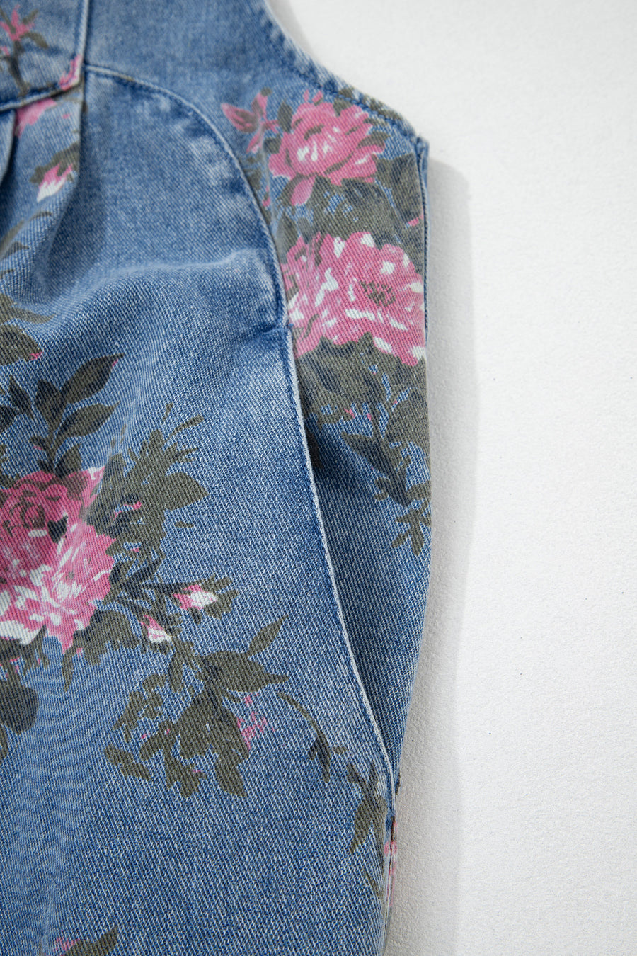 Floral Print Denim Shortalls Adjustable Straps Pockets Relaxed Fit
