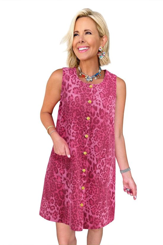 Leopard print denim shift dress button front sleeveless mini pockets dresses