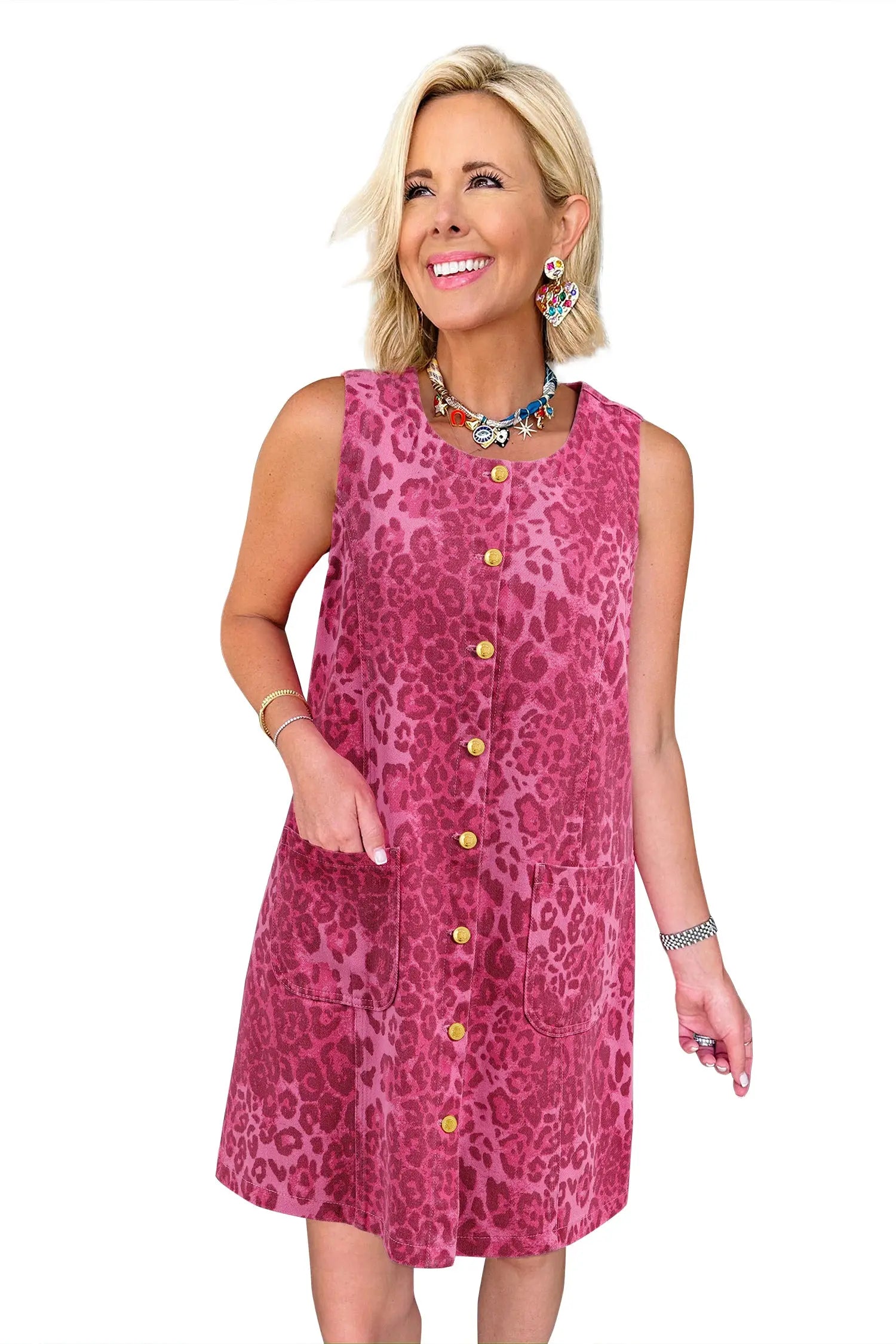 Leopard print denim shift dress button front sleeveless mini pockets dresses
