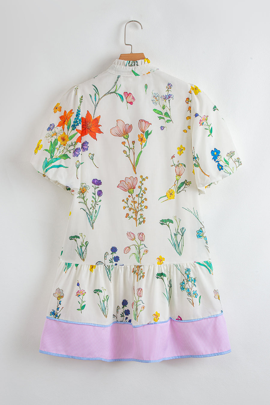 White Floral Contrast Striped Patchwork Puff Sleeve Dress Women UK