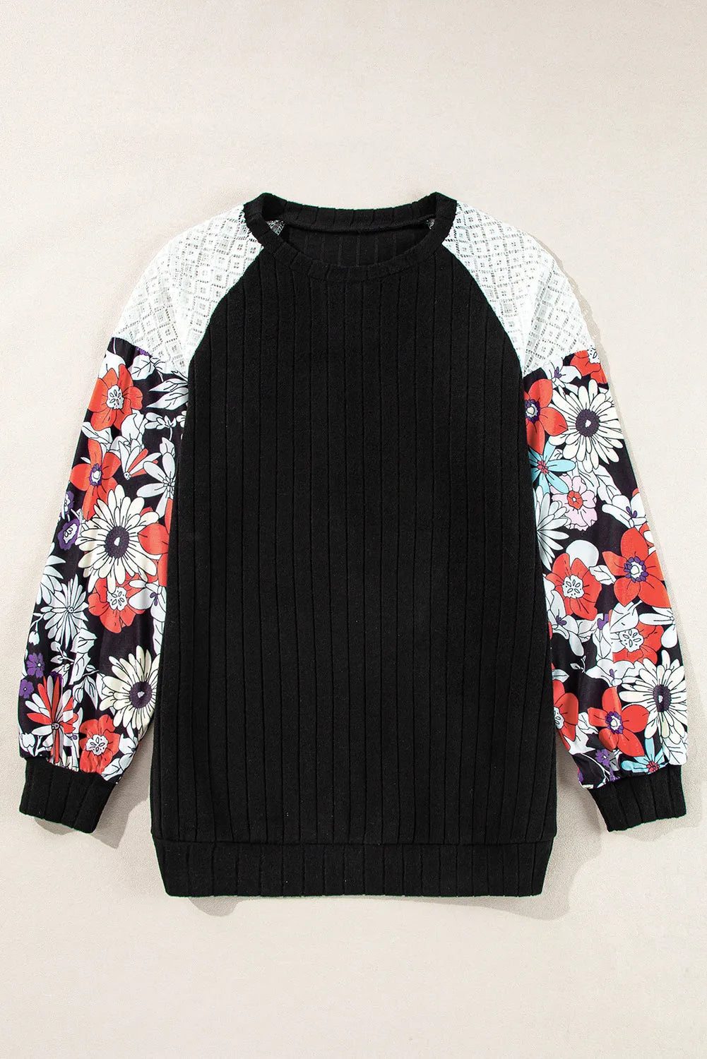 Floral Sleeve Ribbed Blouse - Fashionfitz