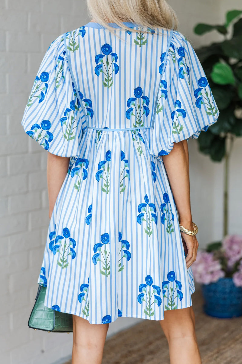 Sky Blue Floral Tie Notched Neck Puff Sleeve Mini Dress Women UK — back view