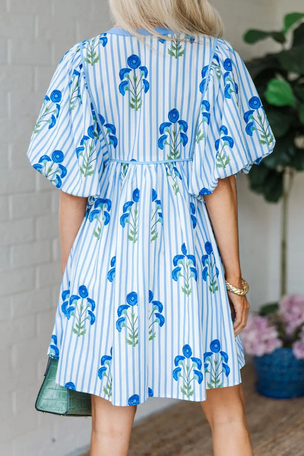 Sky Blue Floral Tie Notched Neck Puff Sleeve Mini Dress Women UK — back view