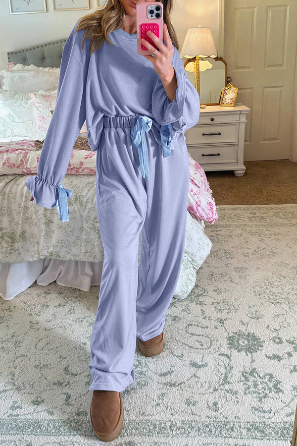 Velvet Bow Knot Flounce Long Sleeve Top &amp; Pants Lounge Set Women UK