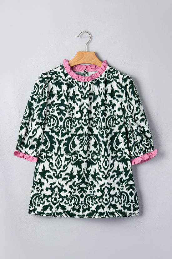 Damask Print Ruffled Colourblock Puff Sleeve Blouse Round Neck Shift