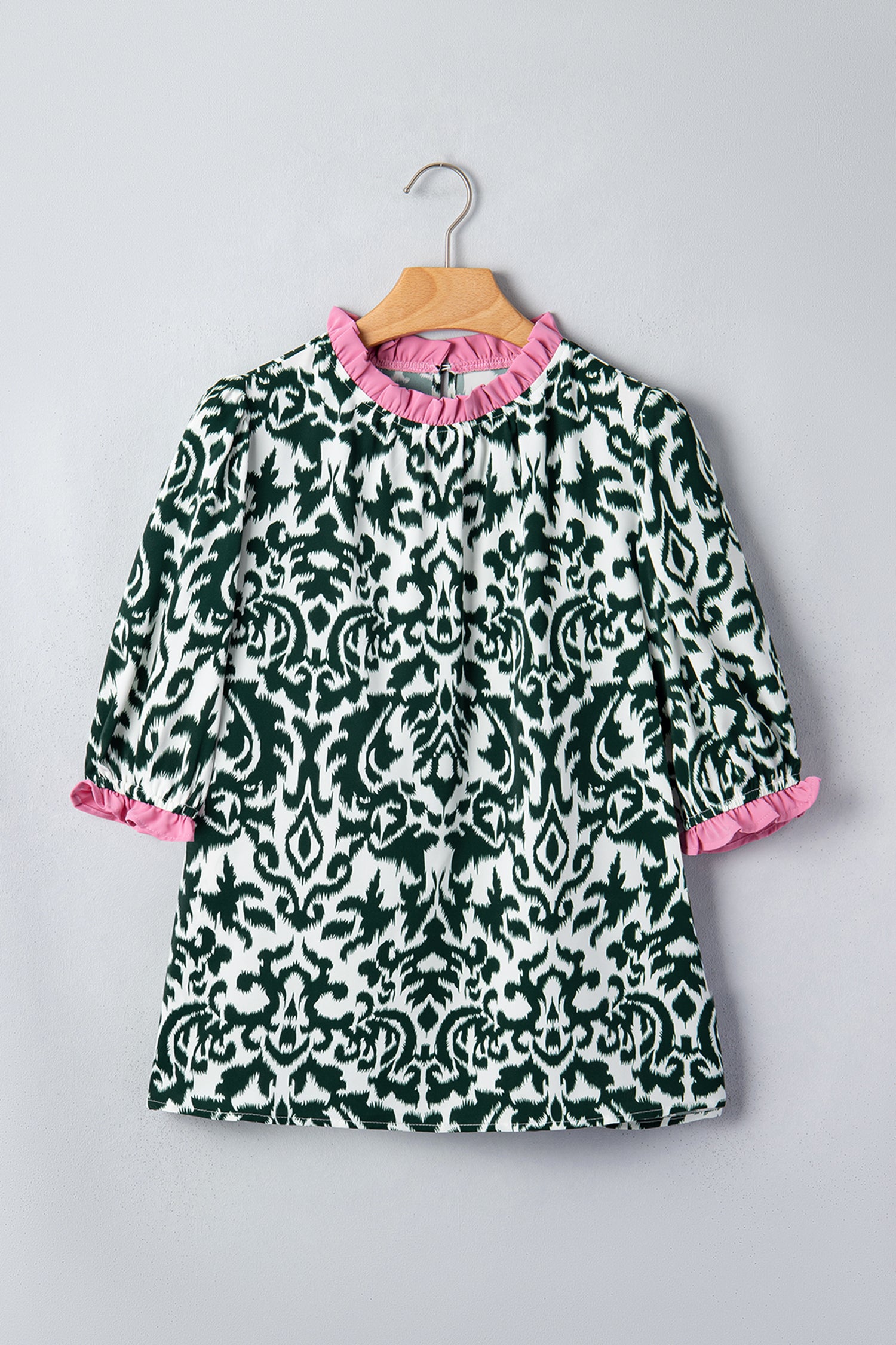 Damask Print Ruffled Colourblock Puff Sleeve Blouse Round Neck Shift