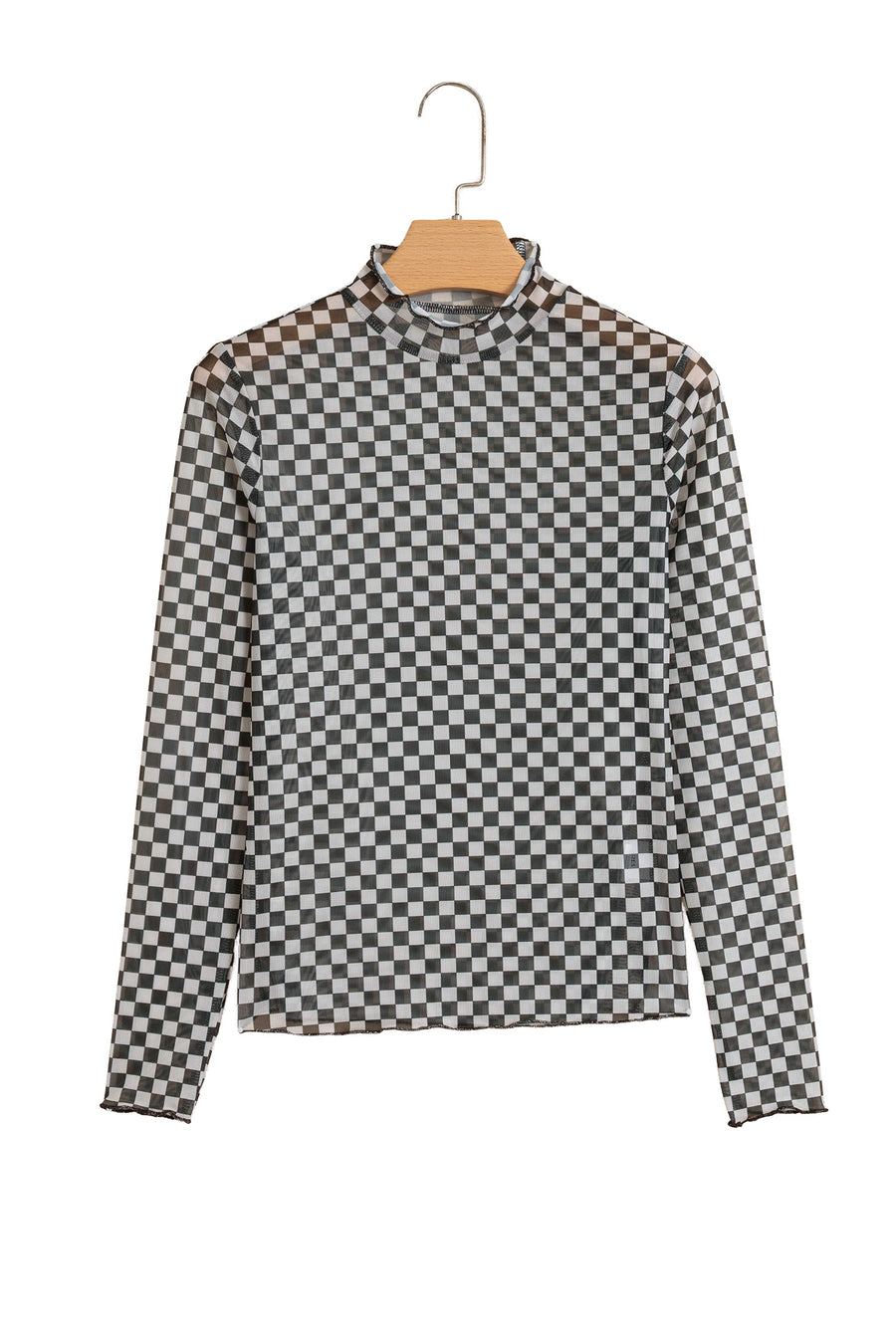 Plaid Stand Neck Long Sleeve Mesh Top Women UK